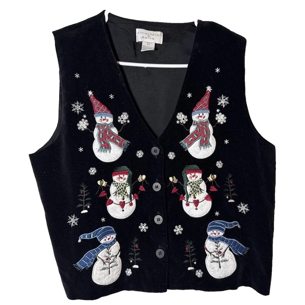 VTG Christopher & Banks Womens L Black Velvet Snowman Christmas Vest Embroidered